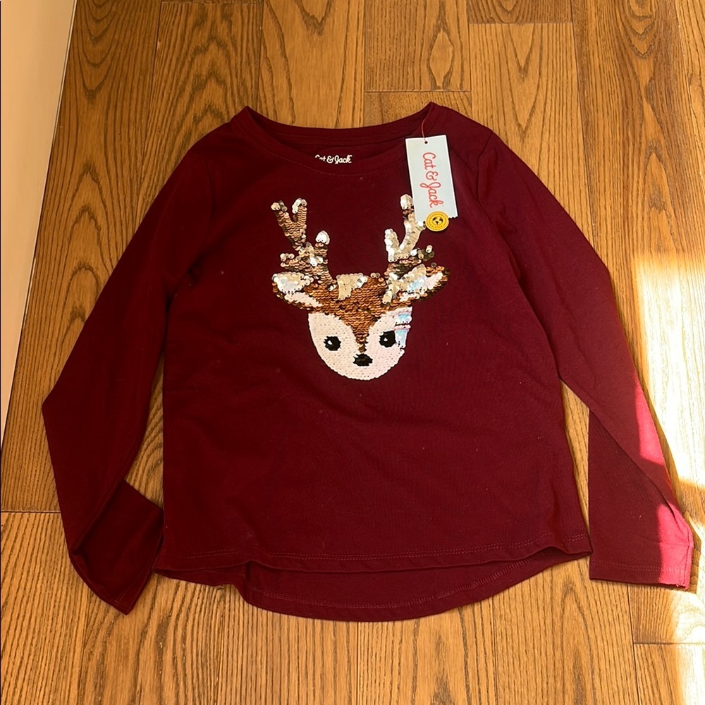 Cat & Jack burgandy Long Sleeve Reindeer Tee